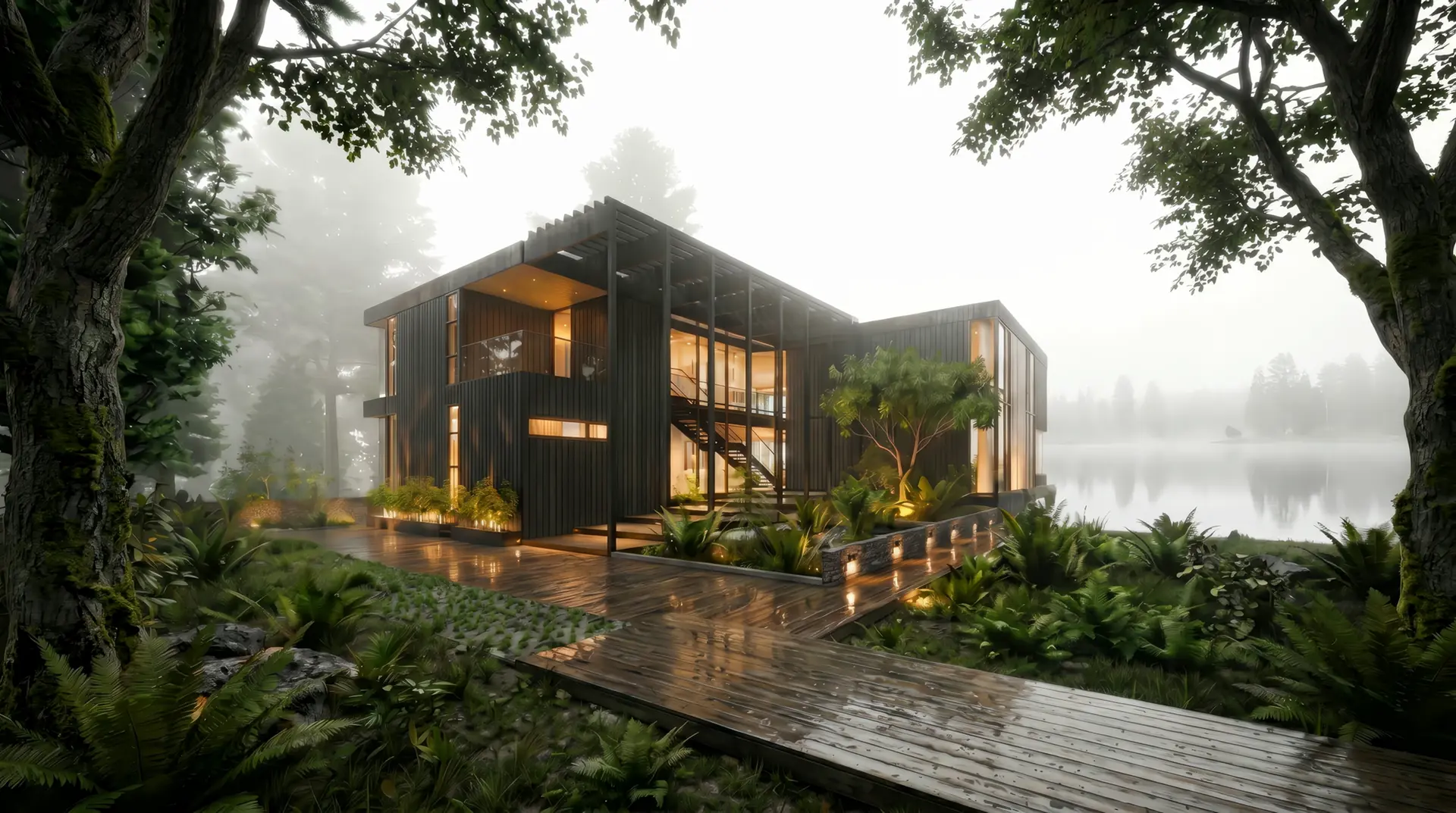 A GA-designed lakehouse at dusk – dark timber, warm interior light, fog over the water